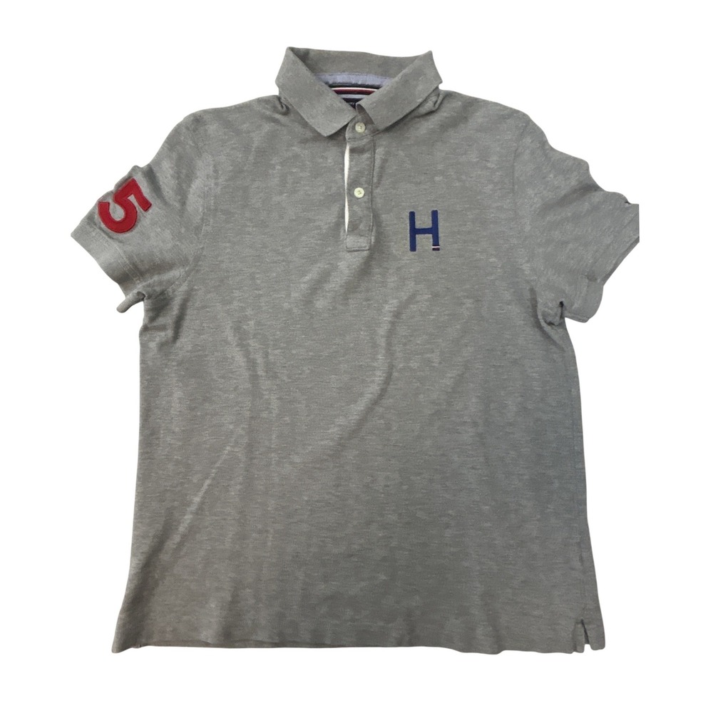 Tommy Hilfiger Mens Custom Fit Polo Shirt Gray Embroidered H Sleeve Patch Size M